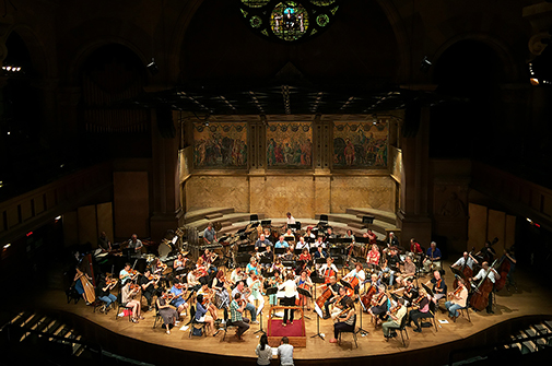 The New Jersey Symphony Orchestra rehearsing for the Edward T. Cone Institute; Steve Mackey and Shuying Li in the foreground.